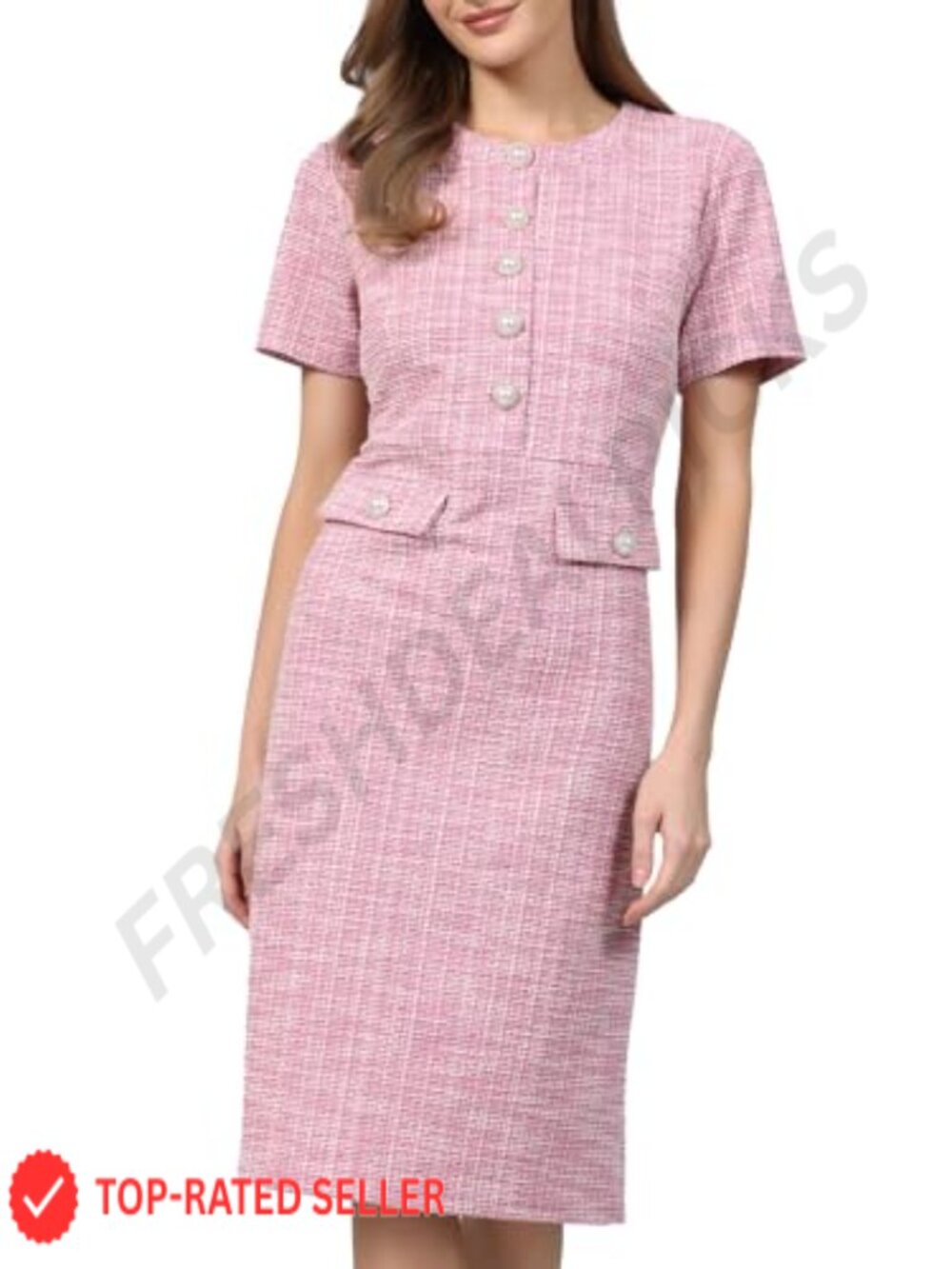 Hobemty Tweed Dress A-Line Short Sleeve Button Decor Work Elegant Semi-Formal